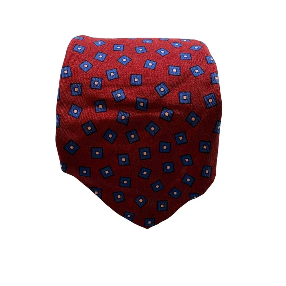 Brooks Brothers Makers Silk Tie‎ Mens Burgundy Blue Geometric Square Classic USA